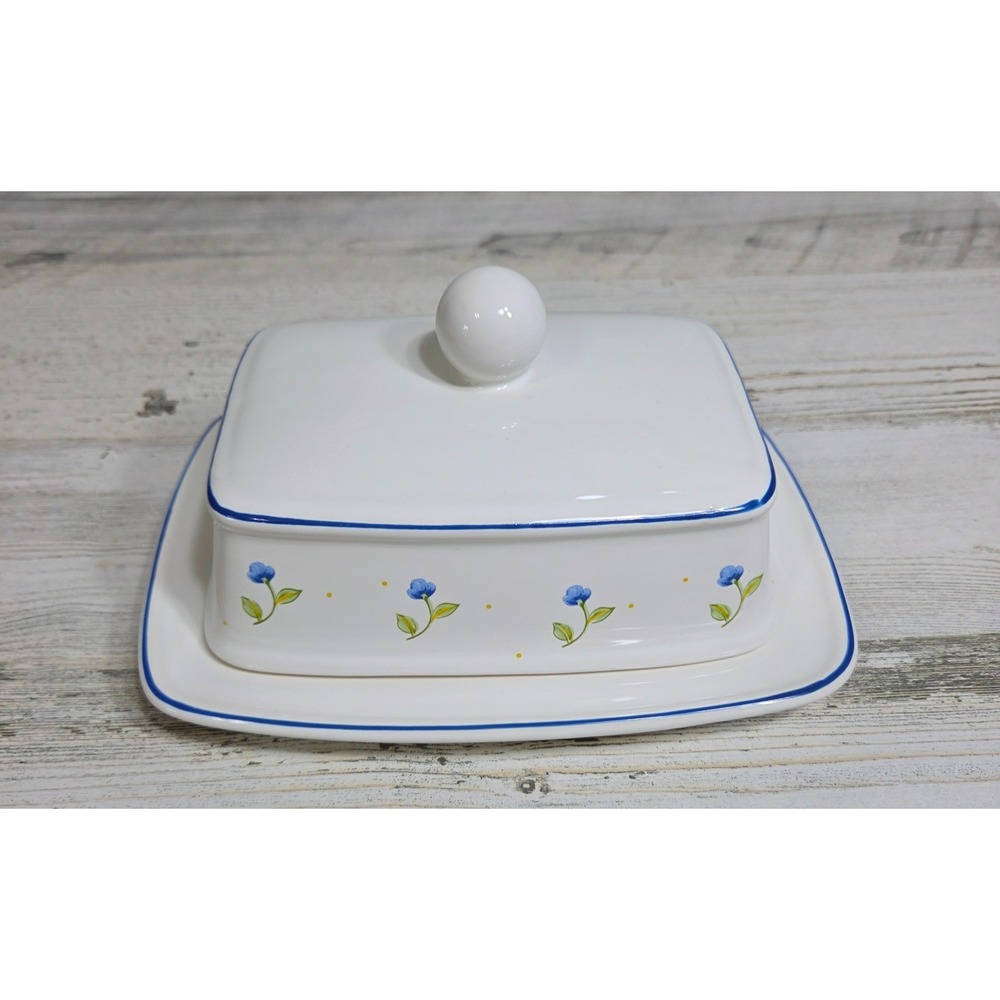 Vintage Ulster Ceramics CoveredButter Dish CobaltBlue Floral Farmhouse U.K. Made
